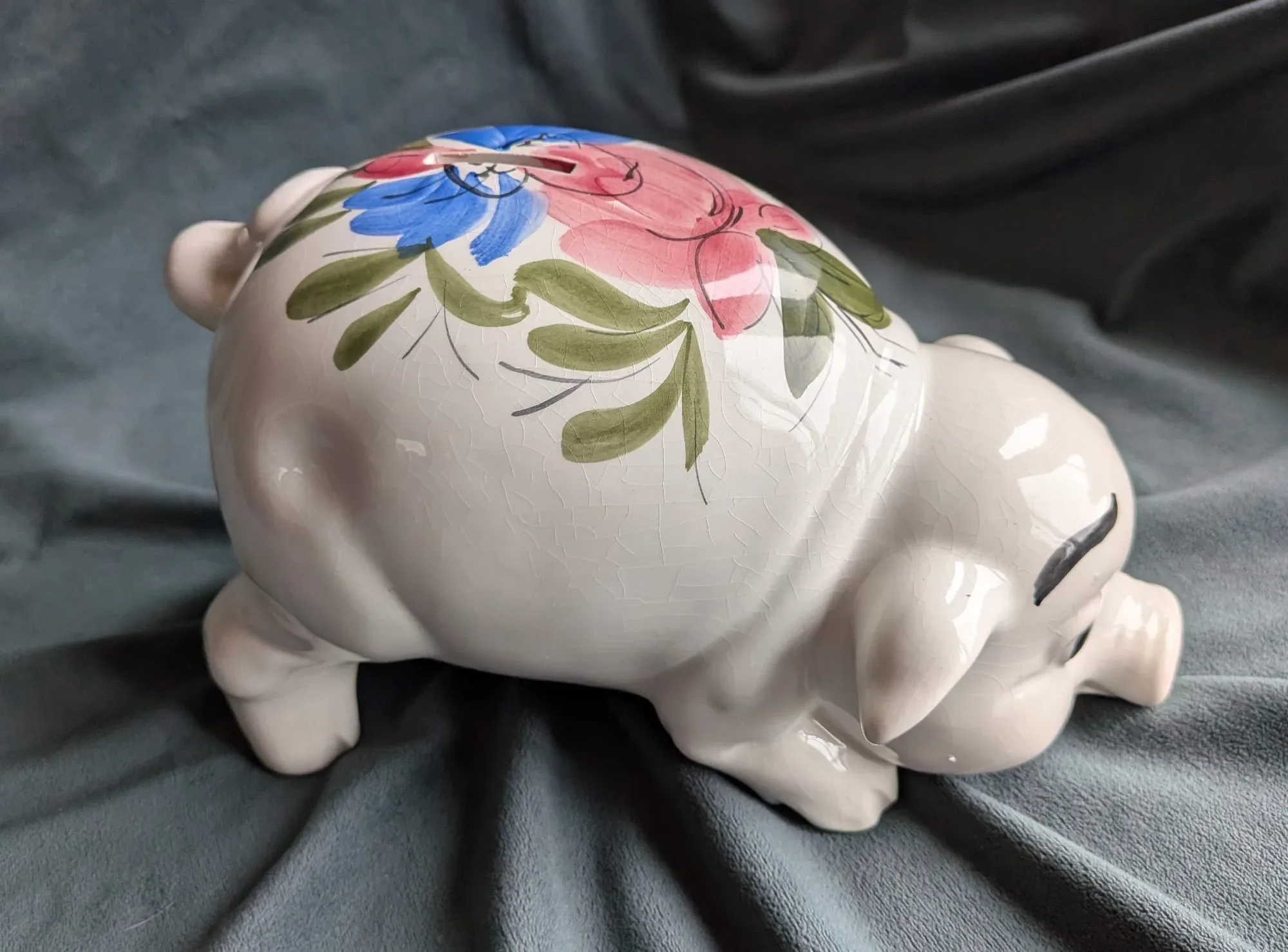 Ceramic Piggy Bank, Hand-Painted Floral Decor, Patinated