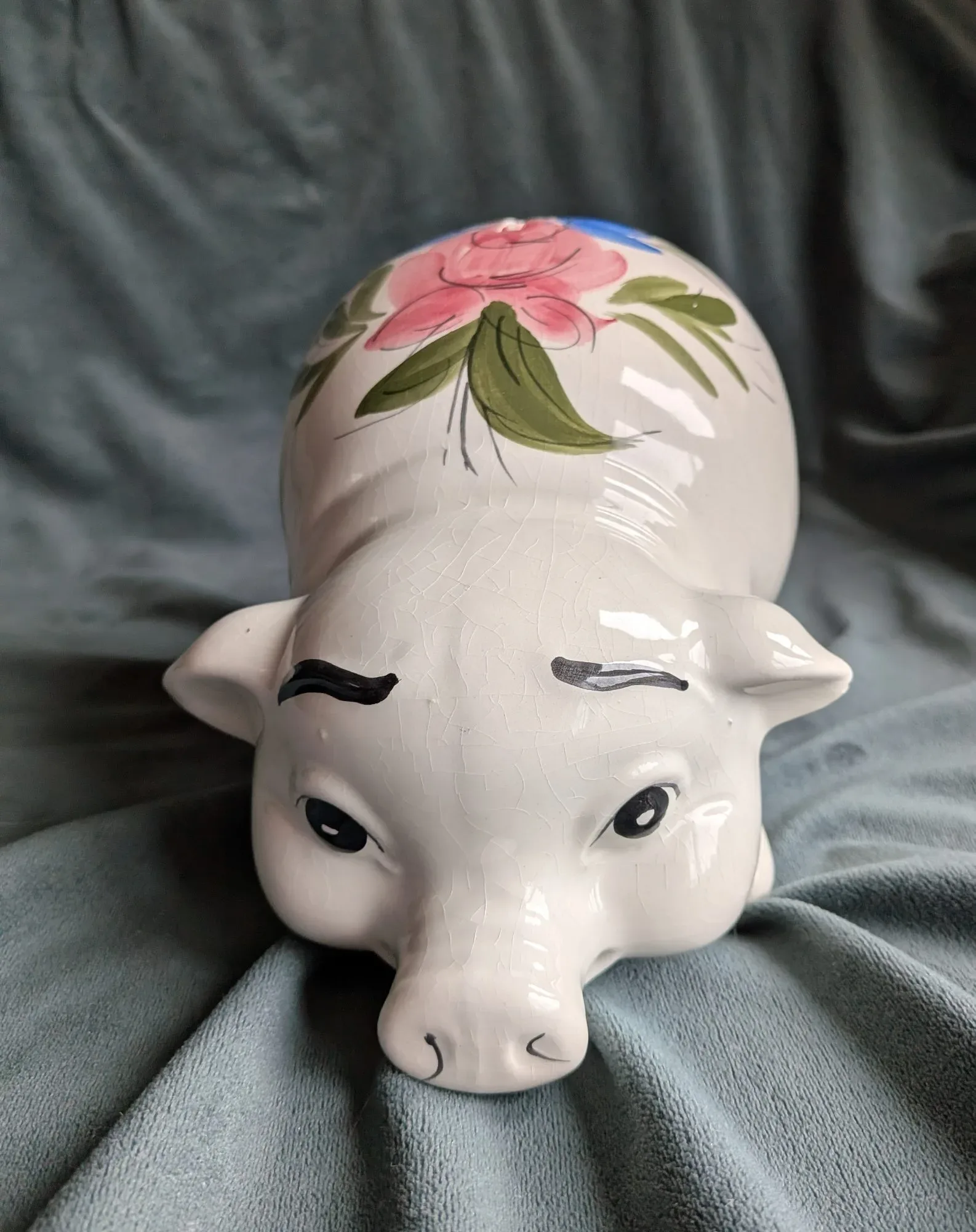 Ceramic Piggy Bank, Hand-Painted Floral Decor, Patinated - Image 7