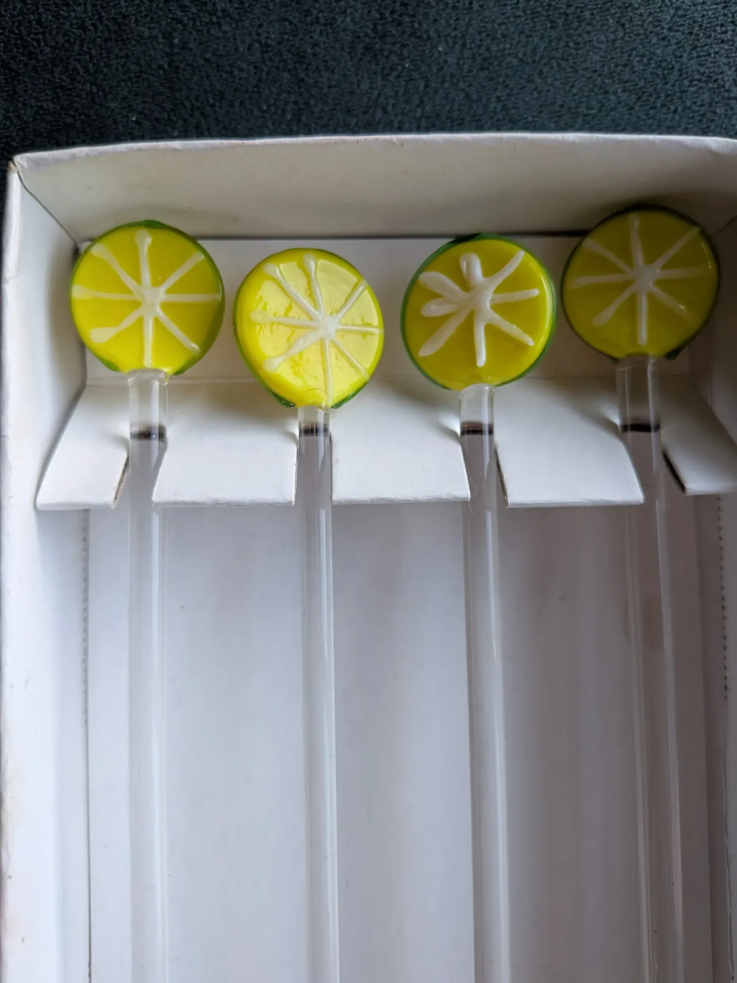 4 st retro drinkpinnar i glas – Gula citrusfrukter / Citroner – Fint skick