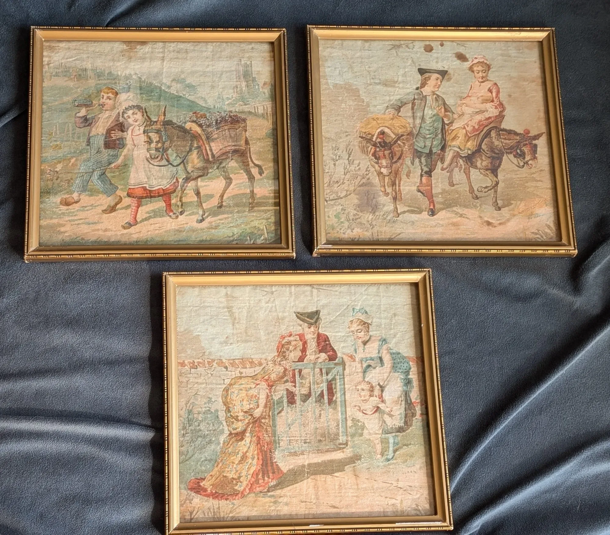 Early 20th Century Framed Rococo Style Textile Pictures, Set of 3