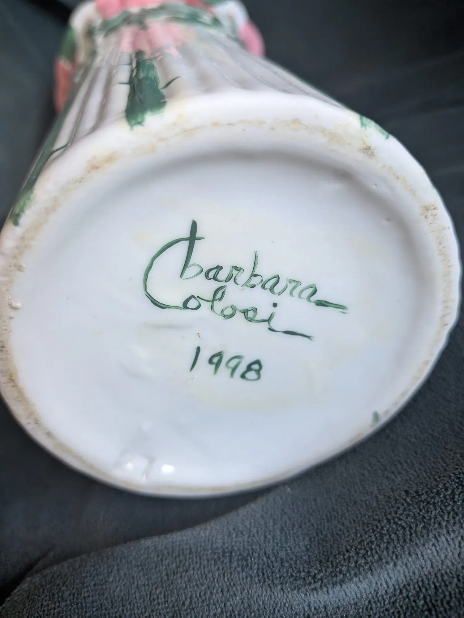 Barbara Coloci Ceramic Vase, Hand-painted Rose Decor 1998 - Image 5