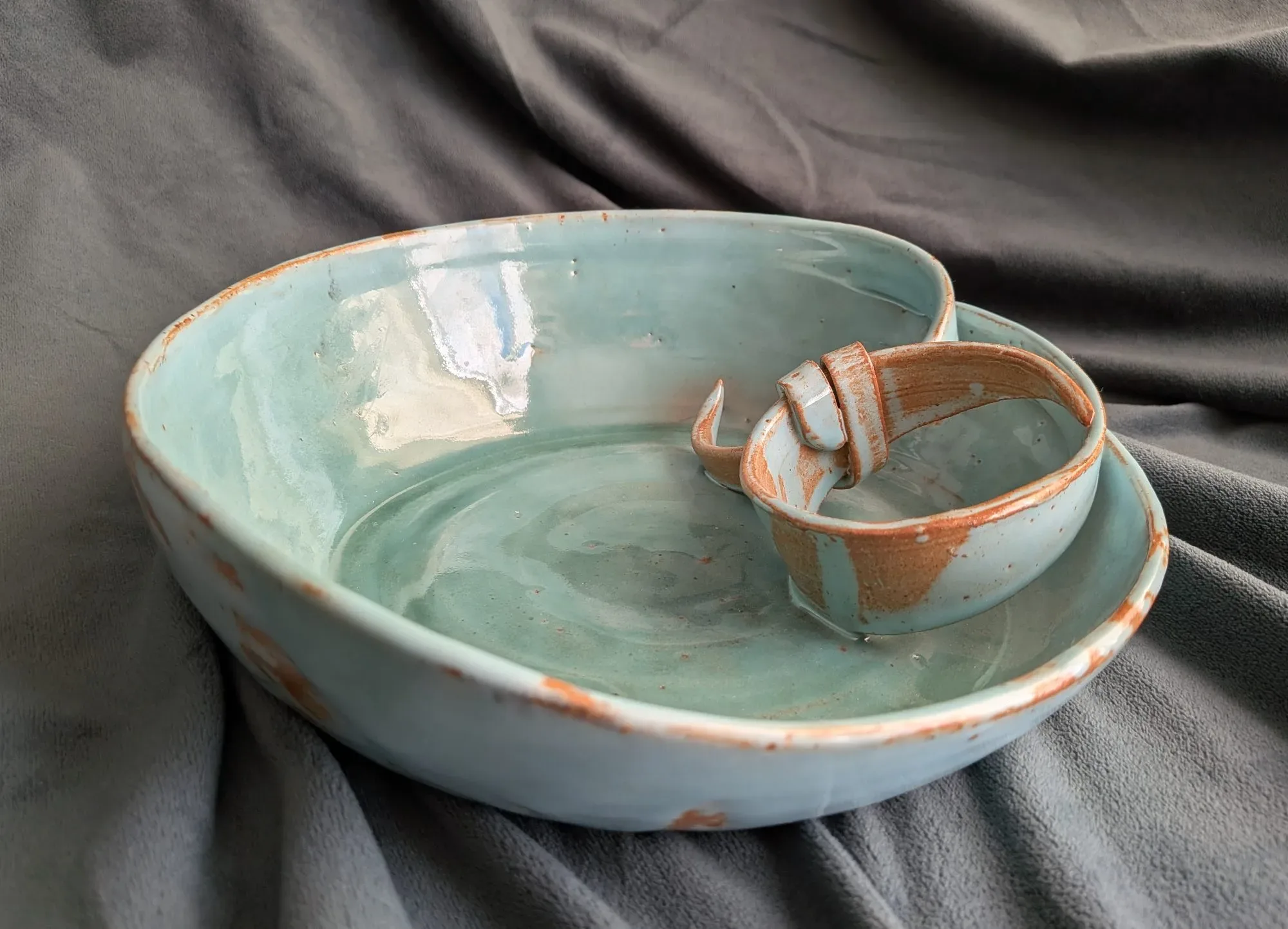 Handmade Ceramic Bowl Set – Turquoise Blue with Knotted Detail - Image 11